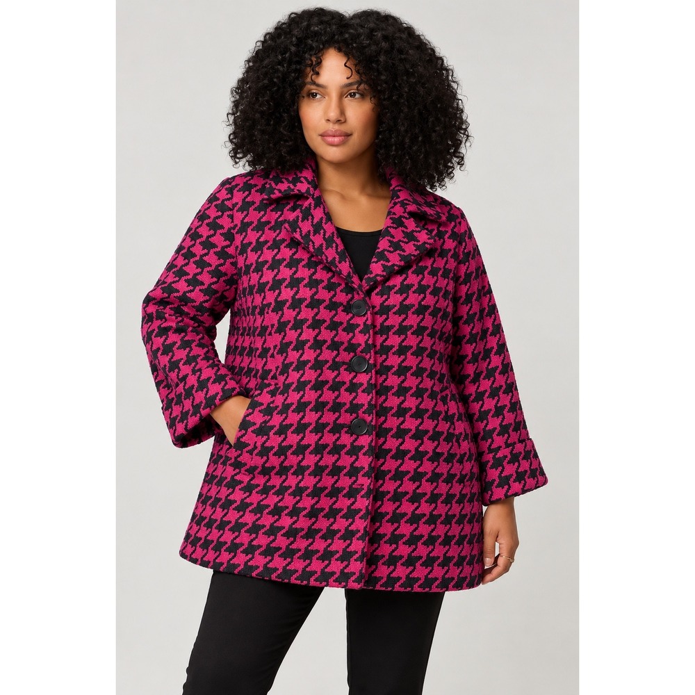 Joan Rivers Women Houndstooth Pea Coat 3X Pink Black Wool Blend Barn Jacket